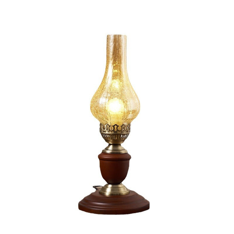Vintage Chinese Wooden and Brass Glass Table Lamp