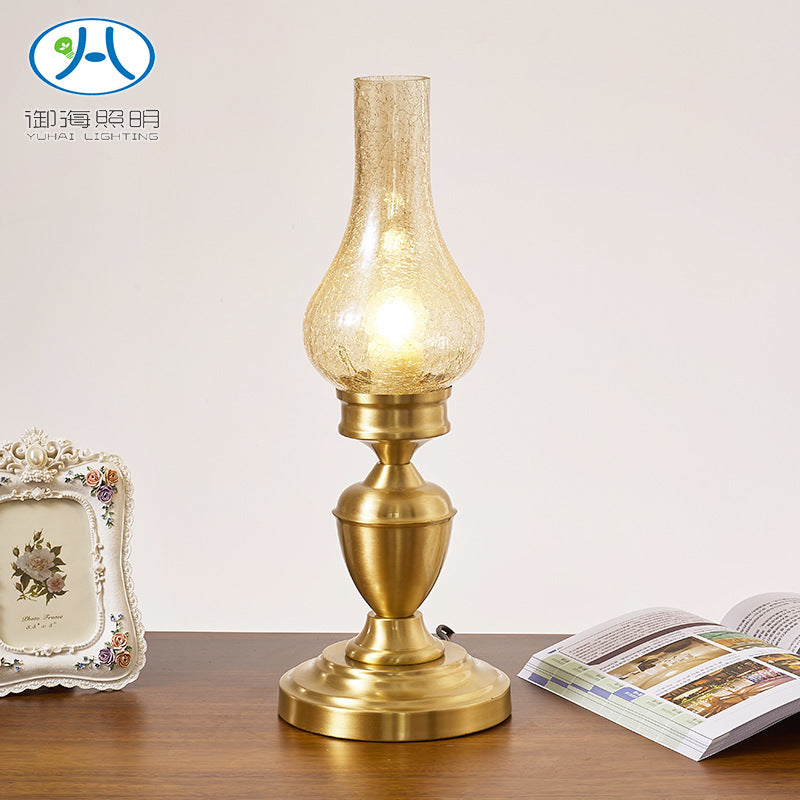 Vintage Chinese Wooden and Brass Glass Table Lamp