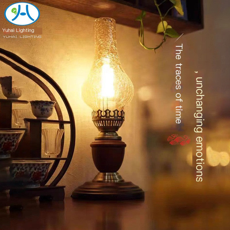 Vintage Chinese Wooden and Brass Glass Table Lamp