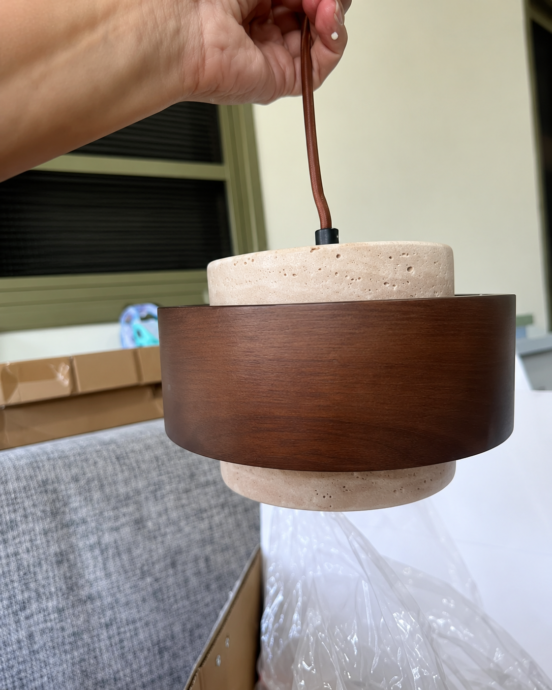 Noa | Travertine & Walnut Pendant Light