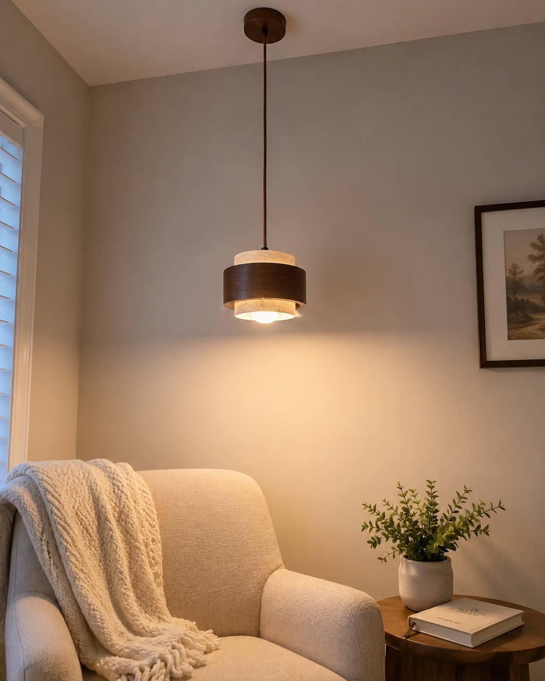 Noa | Travertine & Walnut Pendant Light
