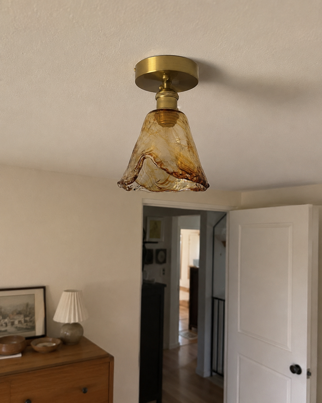 Josephine | Ruffled Amber Glass Ceiling Lamp