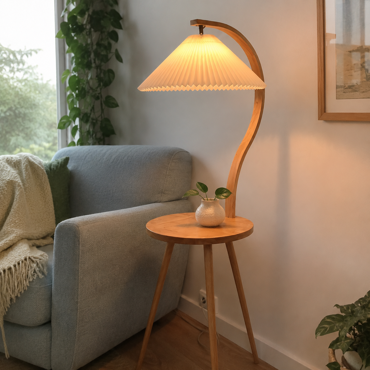 Felix | Modern Wood Floor Lamp with Side Table