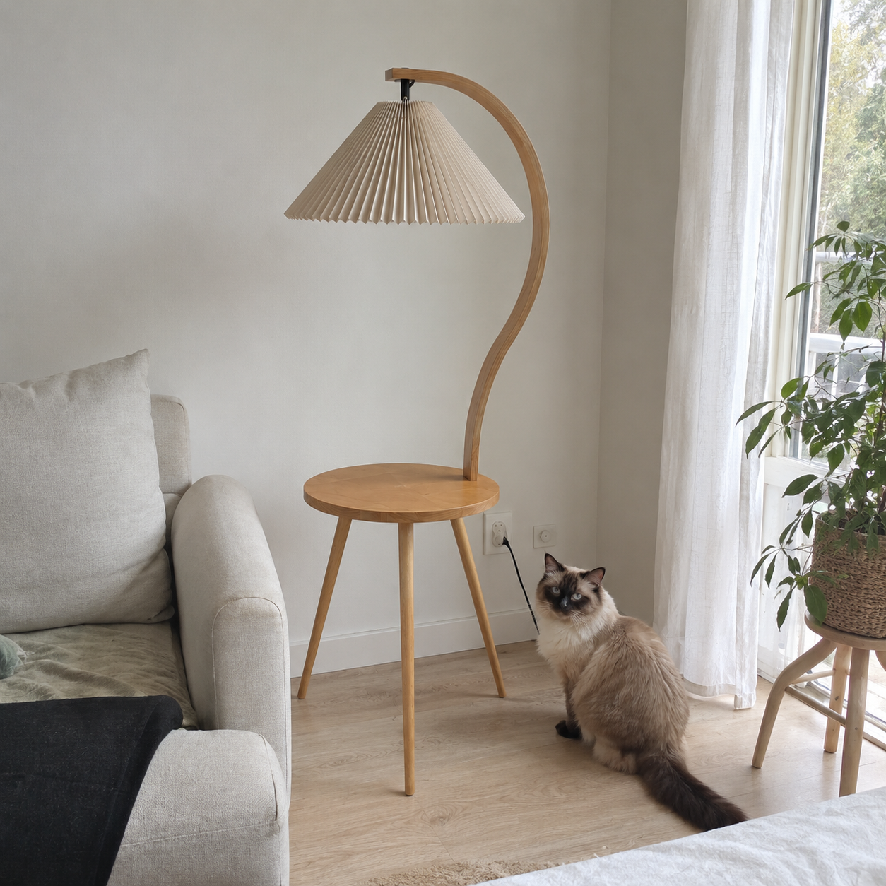 Felix | Modern Wood Floor Lamp with Side Table