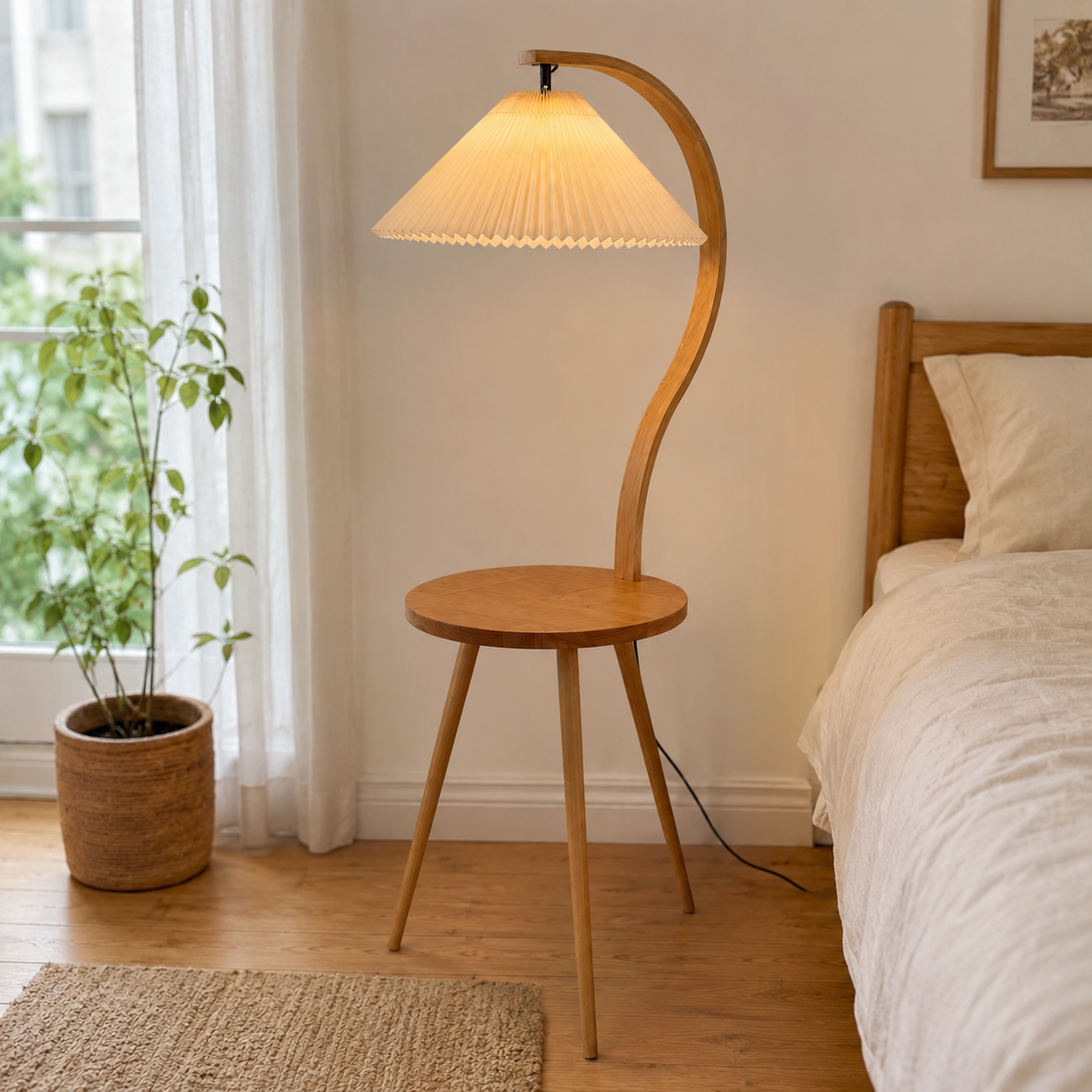 Felix | Modern Wood Floor Lamp with Side Table