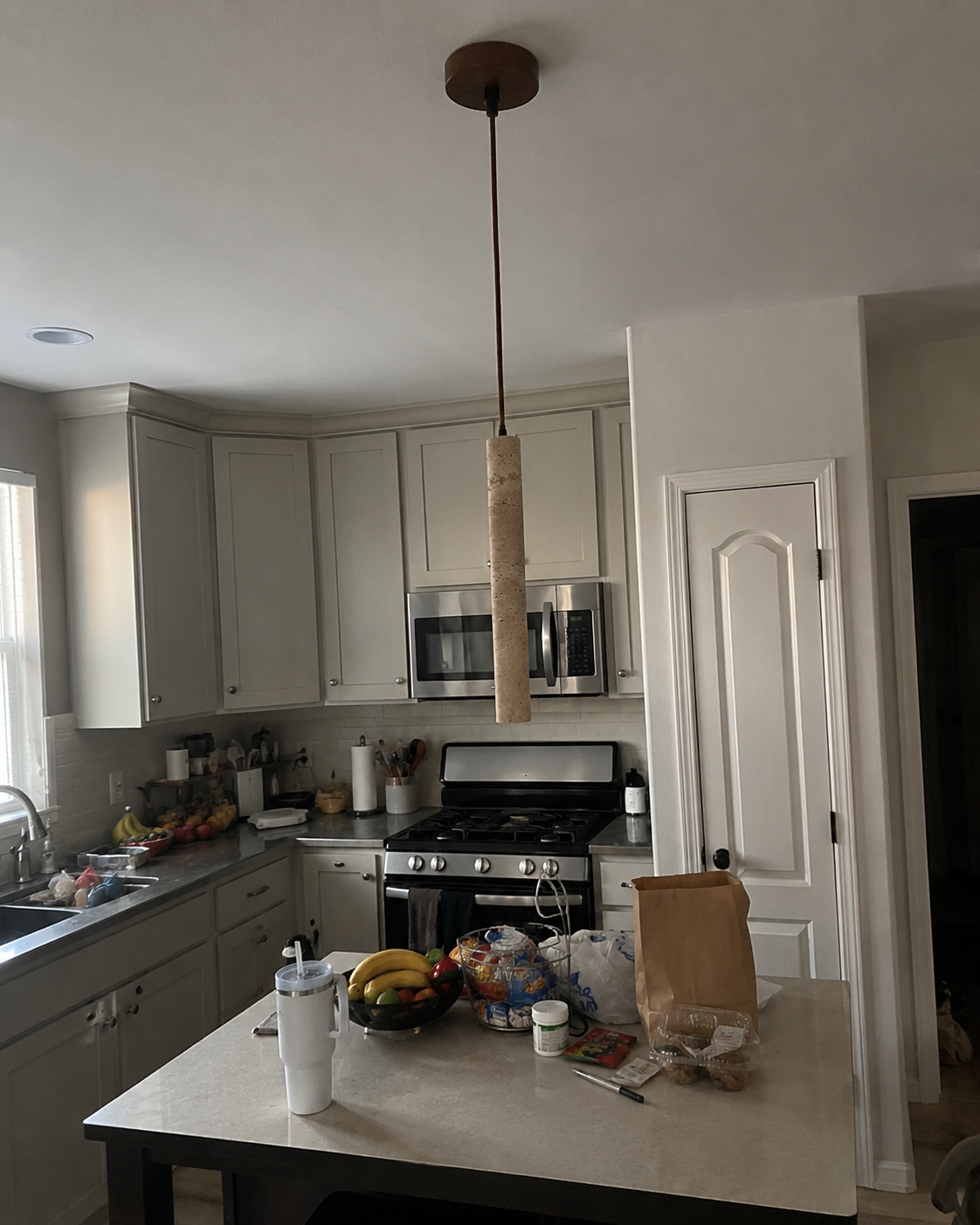 Hashira | Travertine Cylinder Pendant Light