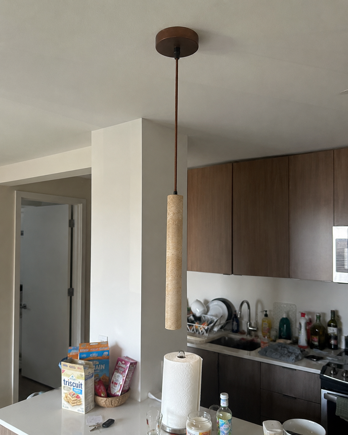 Hashira | Travertine Cylinder Pendant Light