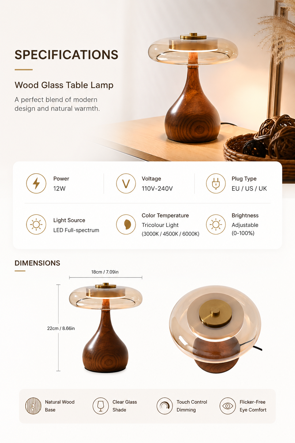 Sol Wood Glass LED Table Lamp