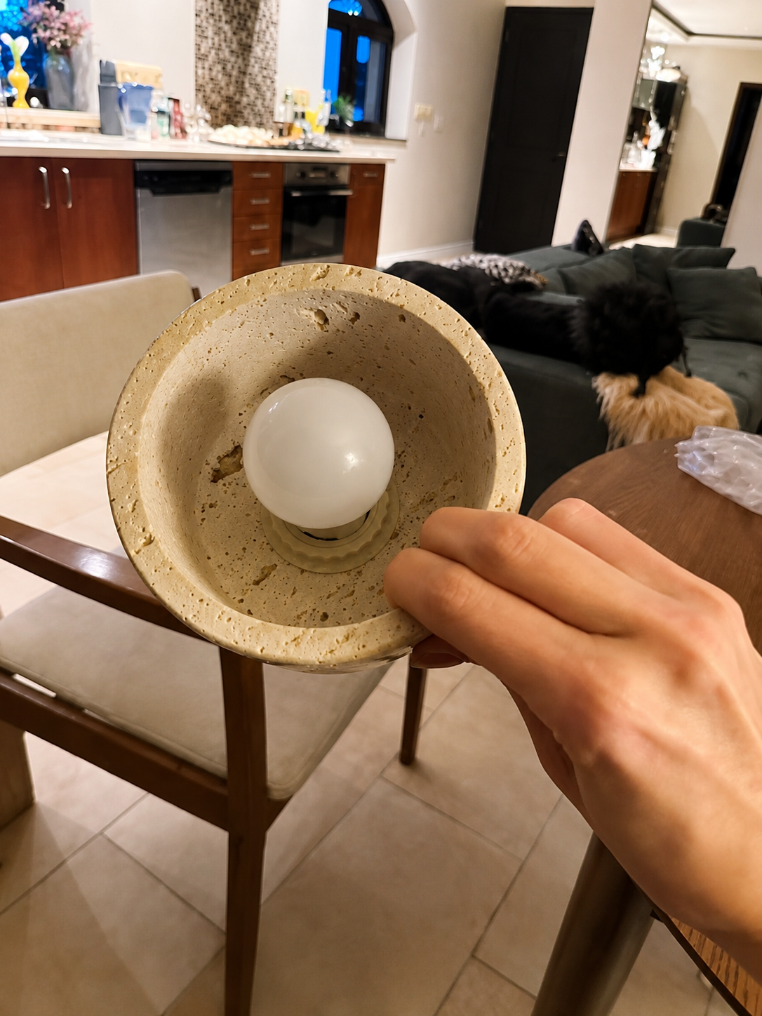 Noma | Travertine & Wood Flush Ceiling Light