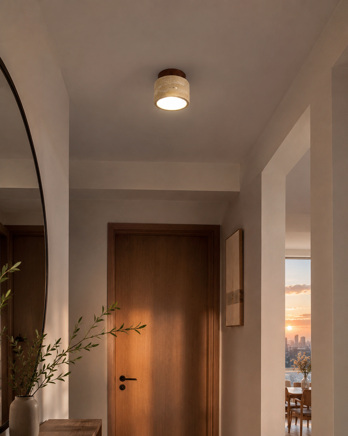 Noma | Travertine & Wood Flush Ceiling Light