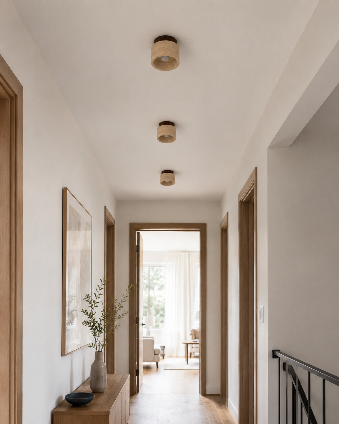 Noma | Travertine & Wood Flush Ceiling Light