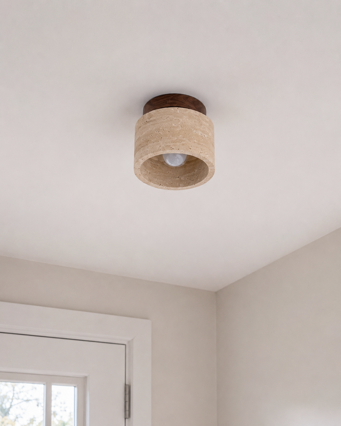 Noma | Travertine & Wood Flush Ceiling Light