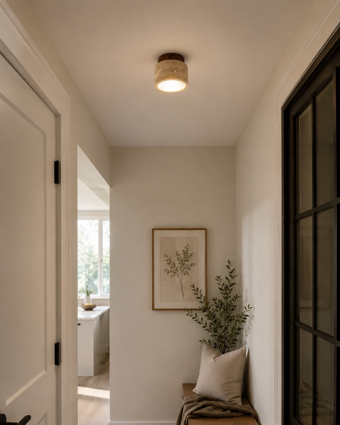 Noma | Travertine & Wood Flush Ceiling Light