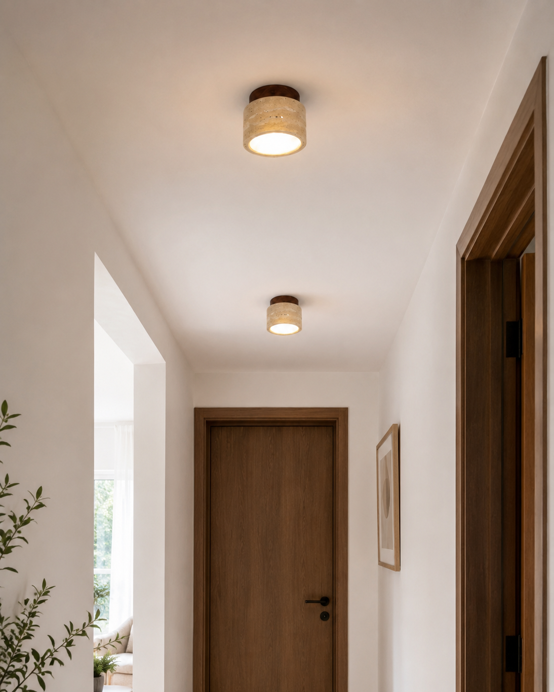Noma | Travertine & Wood Flush Ceiling Light