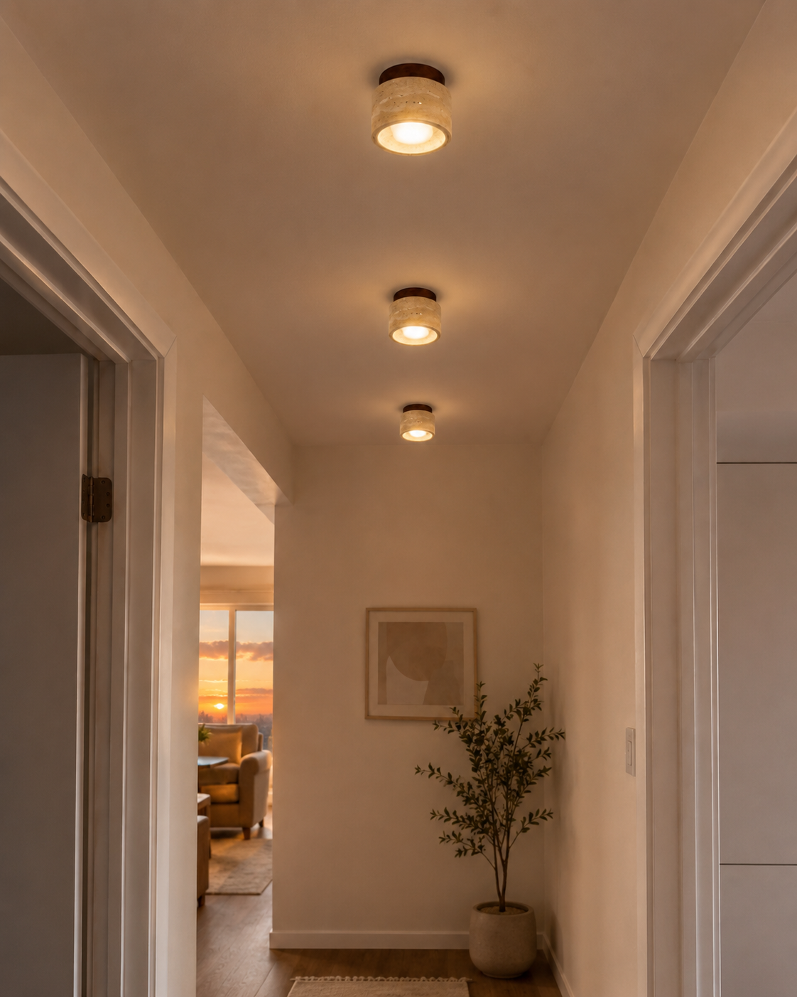 Noma | Travertine & Wood Flush Ceiling Light
