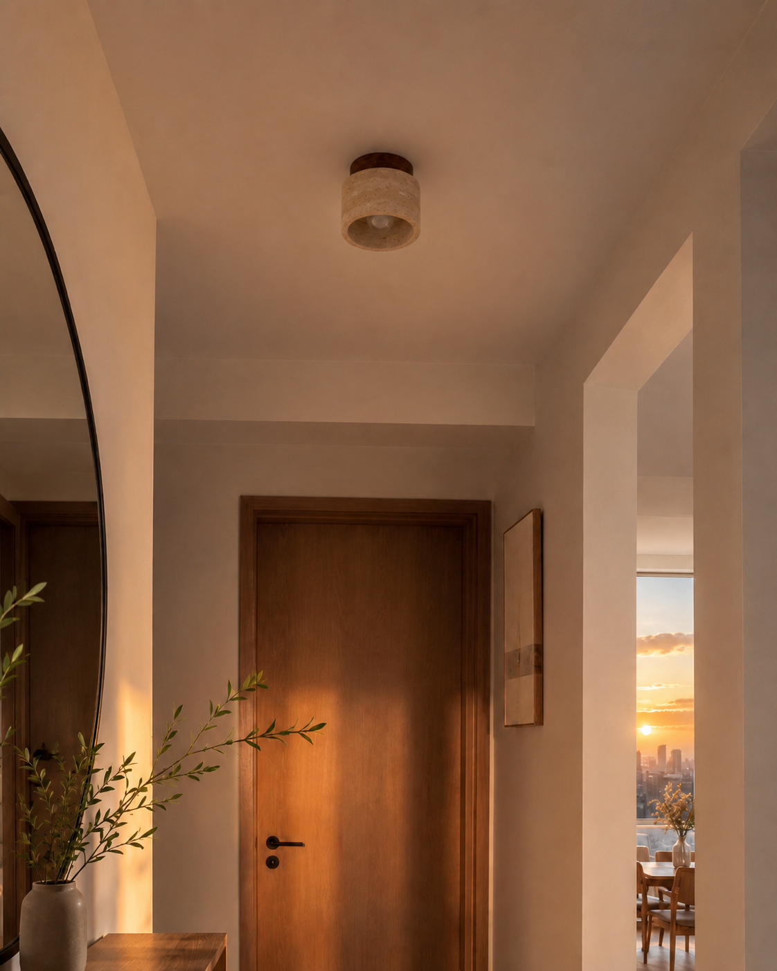 Noma | Travertine & Wood Flush Ceiling Light