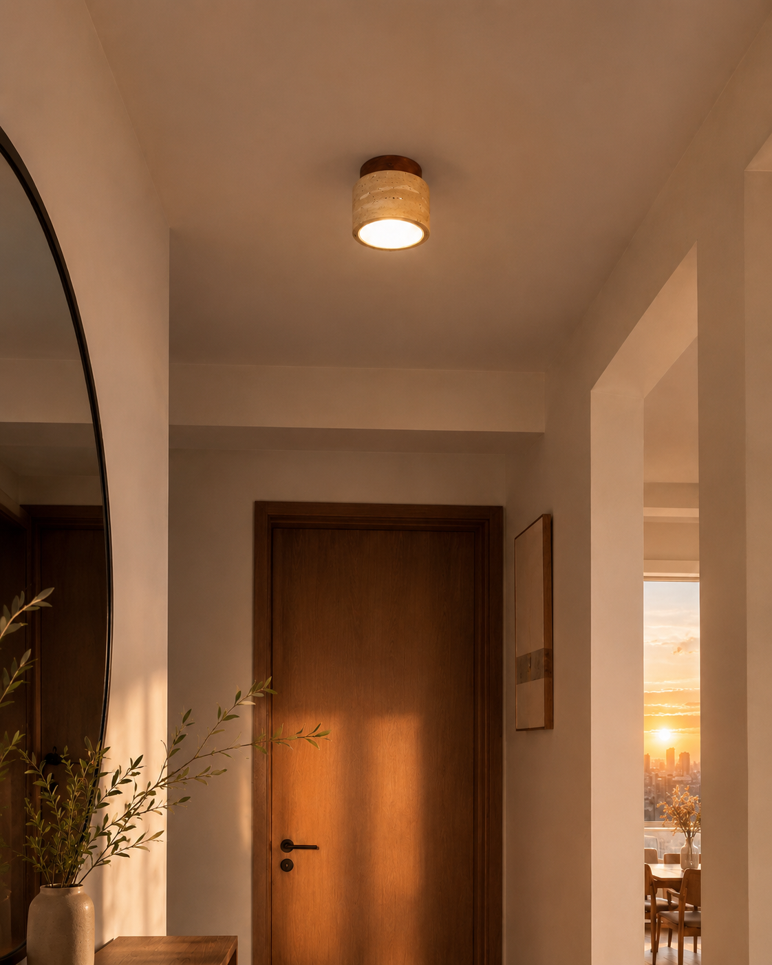 Noma | Travertine & Wood Flush Ceiling Light