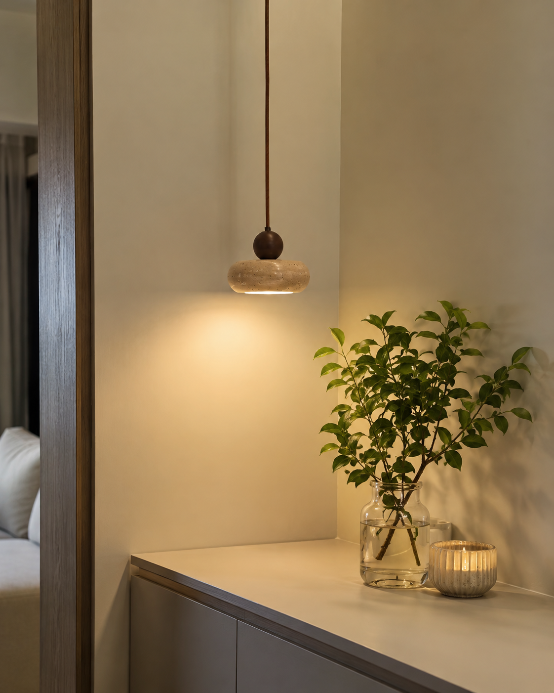 Toba | Travertine & Wood Pendant Light