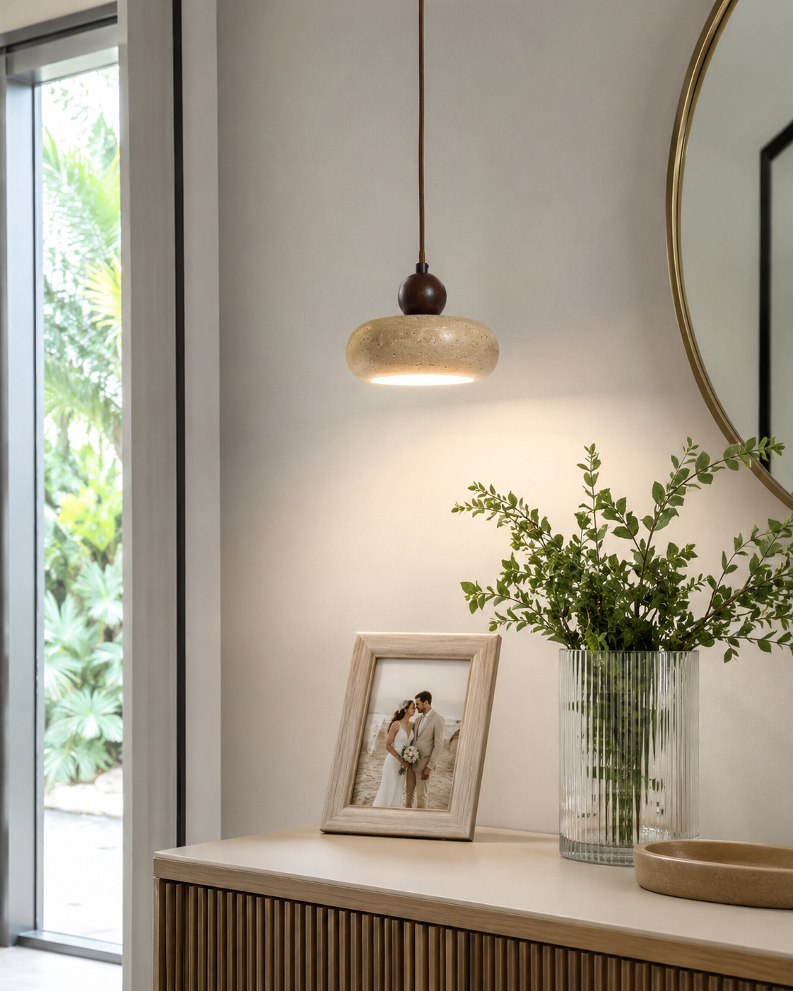 Toba | Travertine & Wood Pendant Light