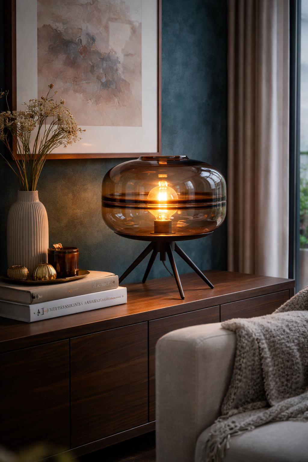 Modern Smoked Glass Tripod Table Lamp