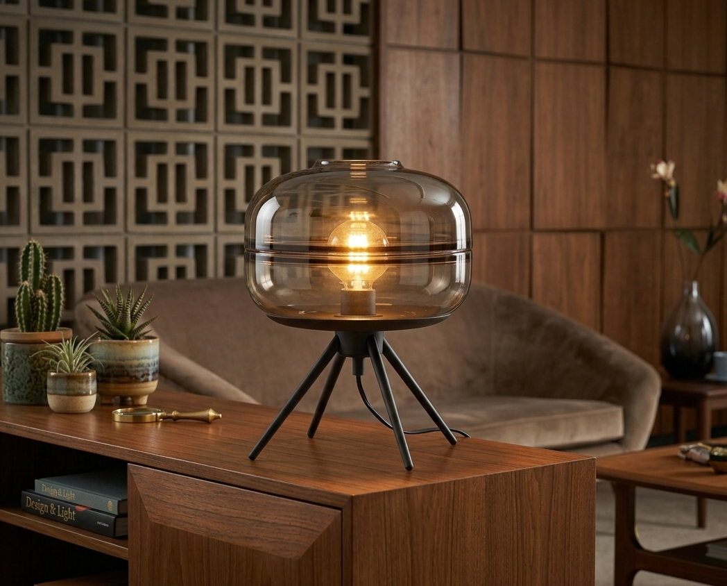 Modern Smoked Glass Tripod Table Lamp