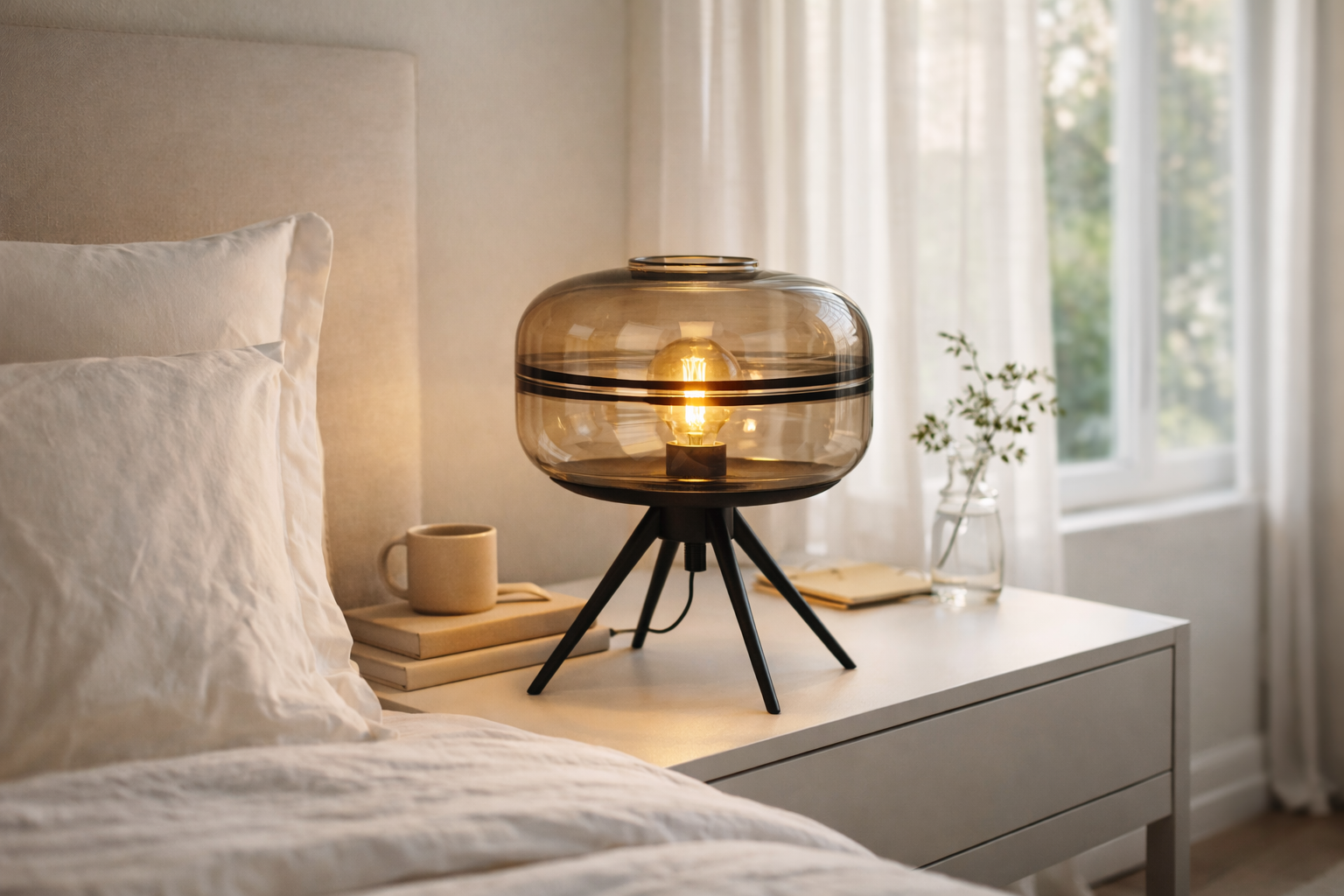 Modern Smoked Glass Tripod Table Lamp