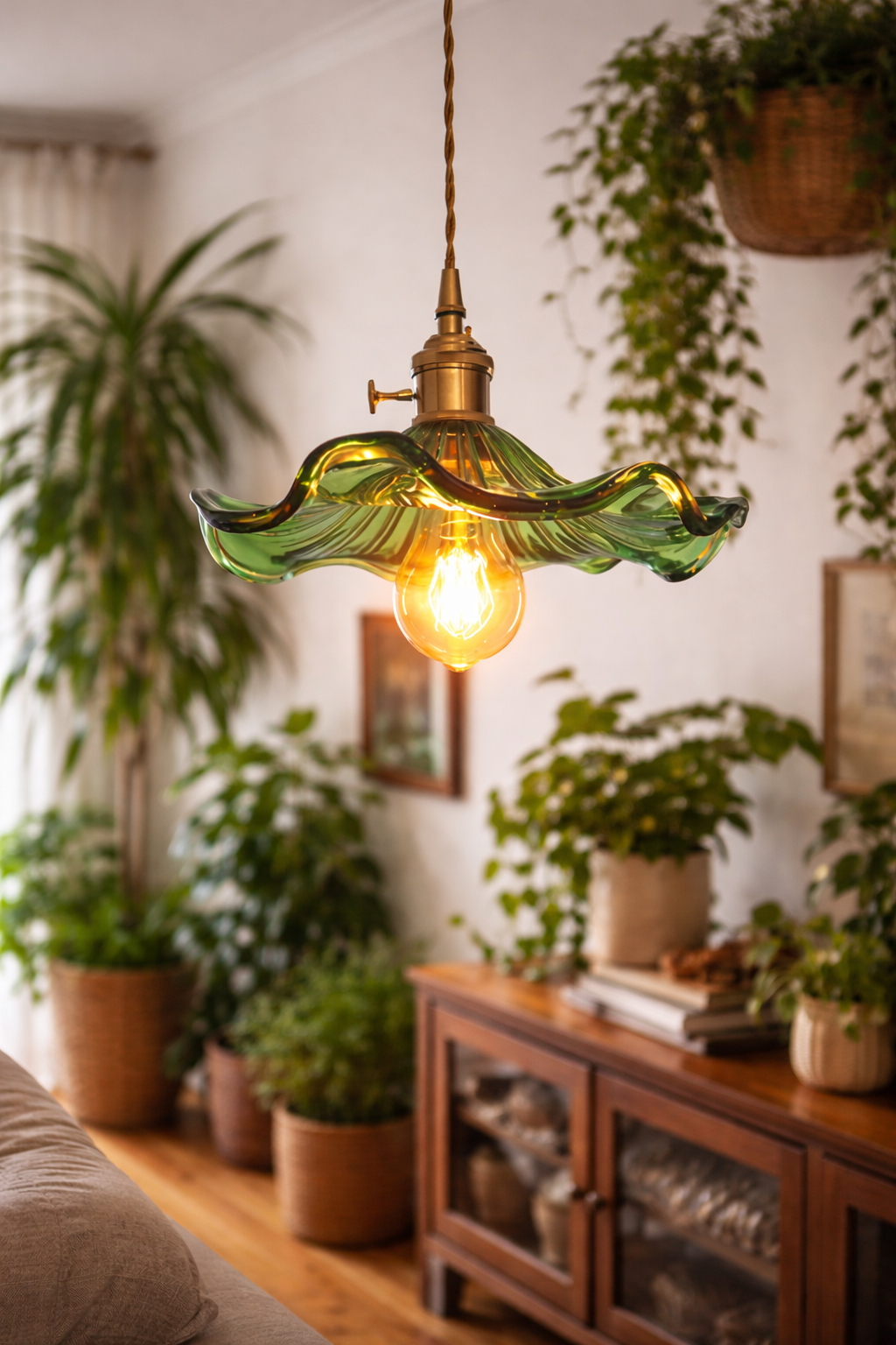 Japanese Green Fluted Glass Pendant Light