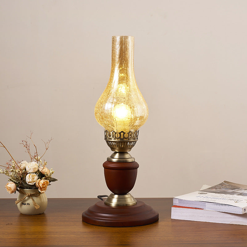 Vintage Chinese Wooden and Brass Glass Table Lamp